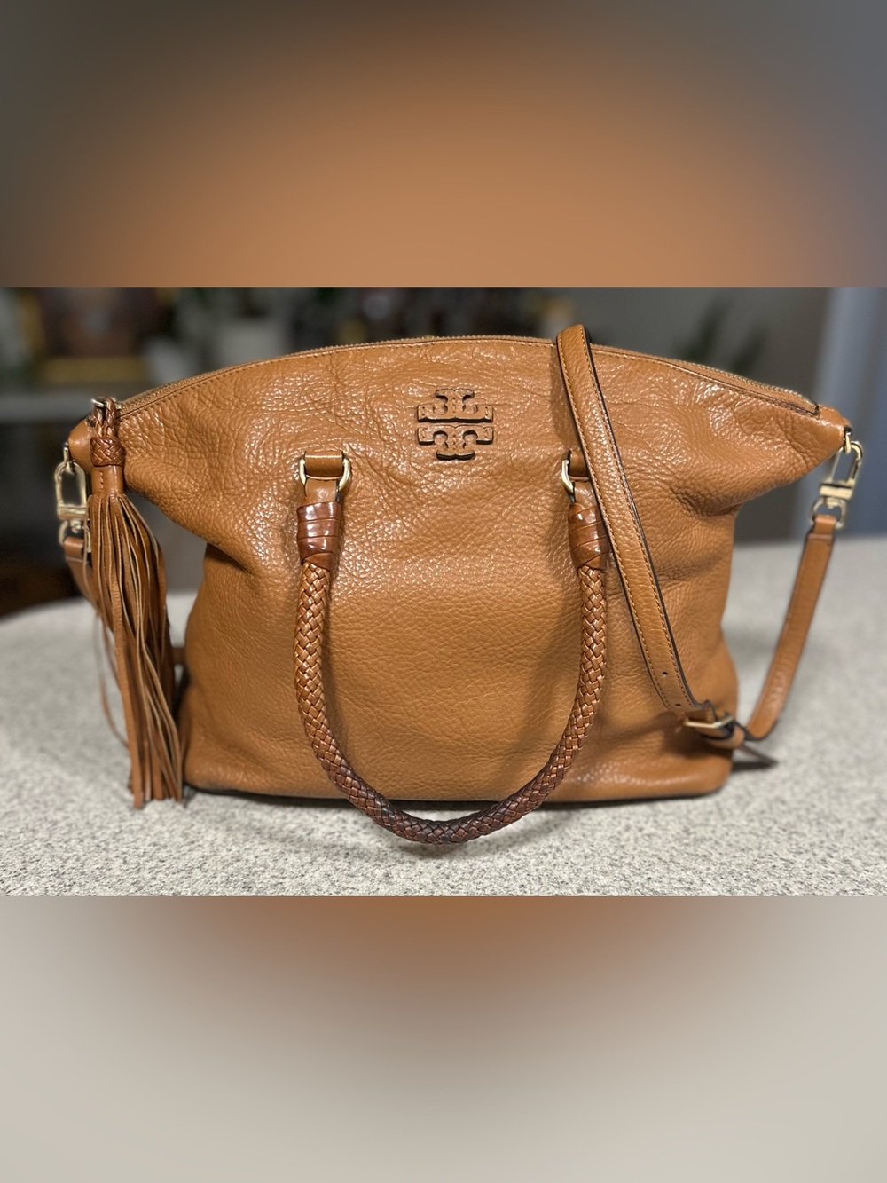 TORY BURCH Taylor Satchel Cognac Braided-Handle Leather Tote